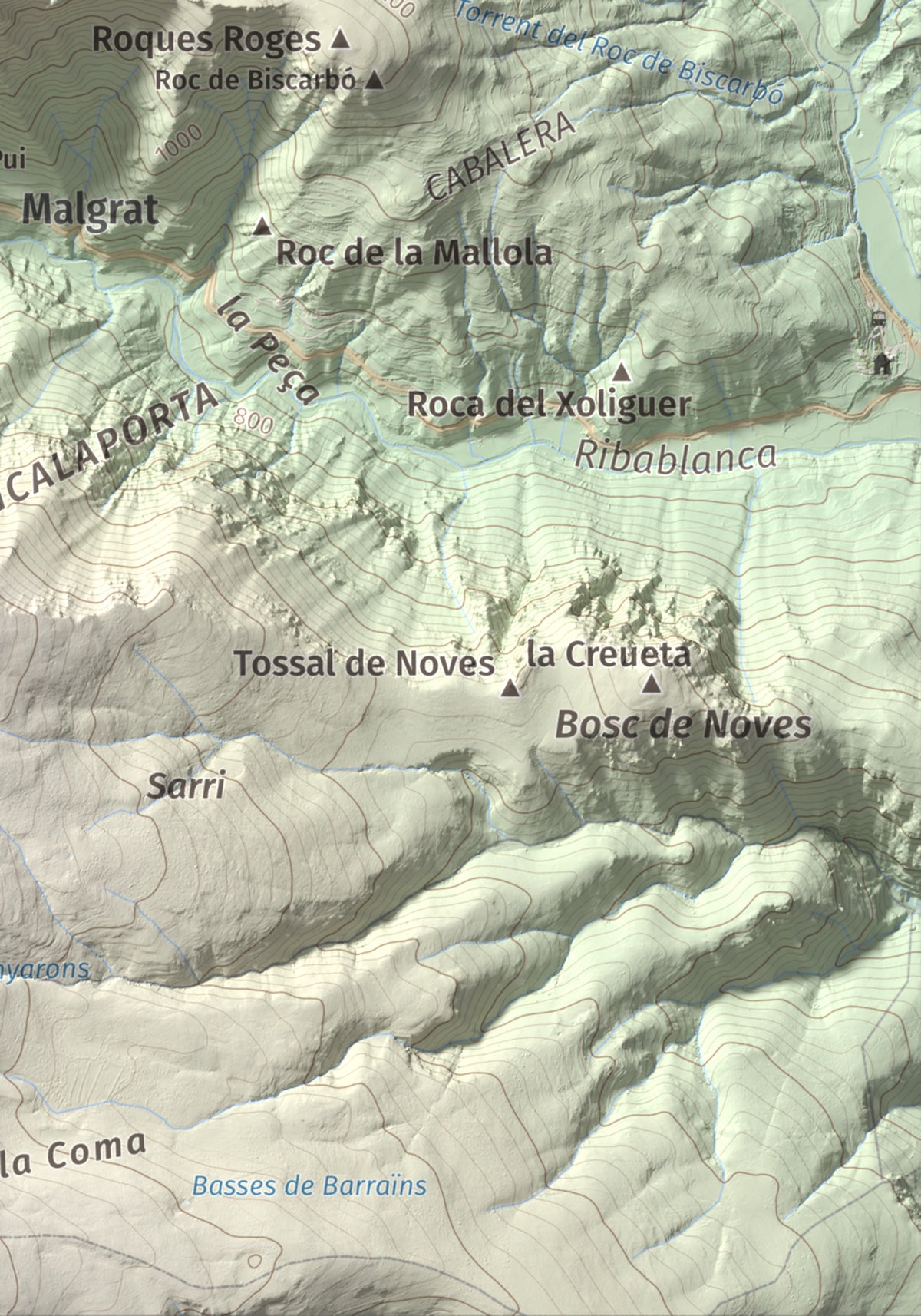 Mapa de relieve de Sant Quiri, 1503 m, Alt Urgell, lámina 100 Cims de Trobart. Detalle de la zona inferior derecha. 21 × 30 cm.
