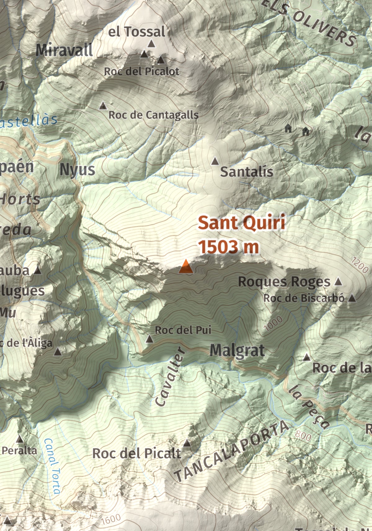 Mapa de relieve de Sant Quiri, 1503 m, Alt Urgell, lámina 100 Cims de Trobart. Detalle de la zona central. 21 × 30 cm.