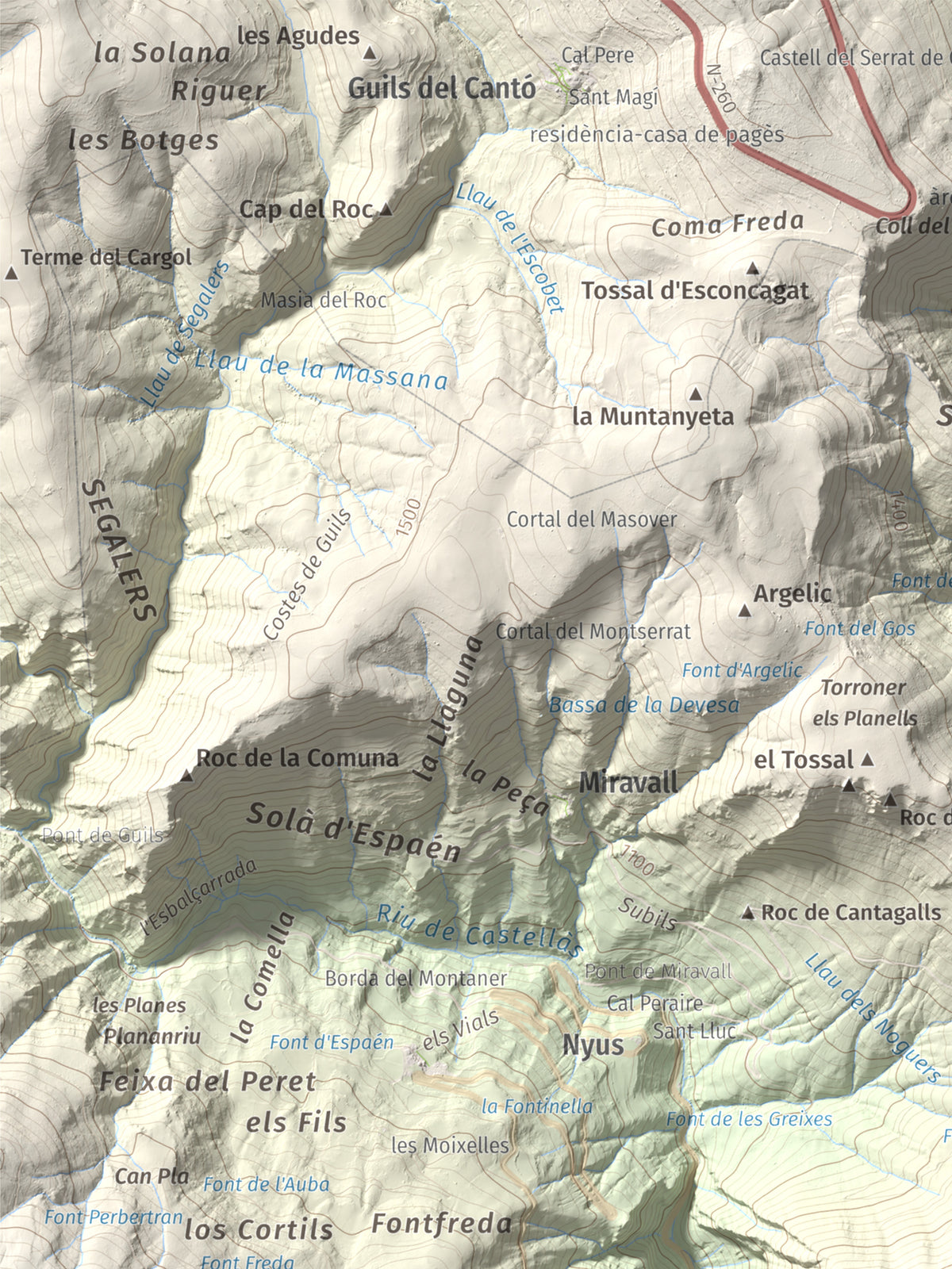 Mapa de relieve de Sant Quiri, 1503 m, Alt Urgell, lámina 100 Cims de Trobart. Detalle de la zona superior izquierda. 30 × 40 cm.