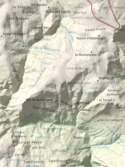 Mapa de relieve de Sant Quiri, 1503 m, Alt Urgell, lámina 100 Cims de Trobart. Detalle de la zona superior izquierda. 30 × 40 cm.