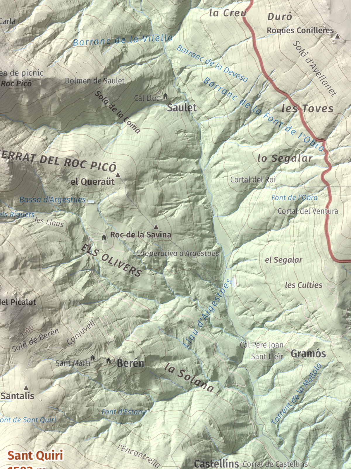 Mapa de relieve de Sant Quiri, 1503 m, Alt Urgell, lámina 100 Cims de Trobart. Detalle de la zona superior derecha. 30 × 40 cm.