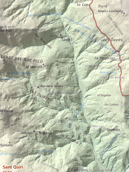 Mapa de relieve de Sant Quiri, 1503 m, Alt Urgell, lámina 100 Cims de Trobart. Detalle de la zona superior derecha. 30 × 40 cm.