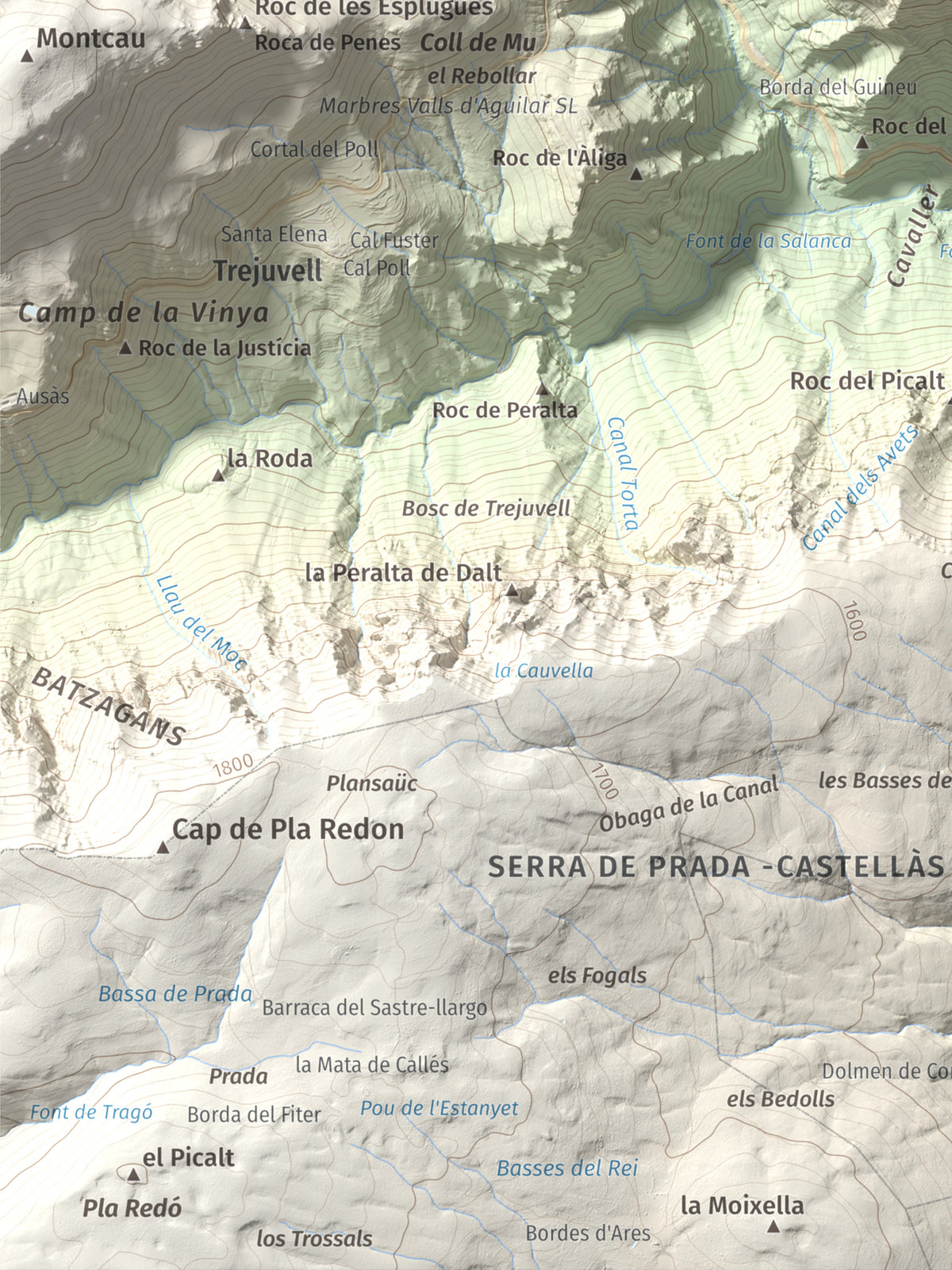 Mapa de relieve de Sant Quiri, 1503 m, Alt Urgell, lámina 100 Cims de Trobart. Detalle de la zona inferior izquierda. 30 × 40 cm.