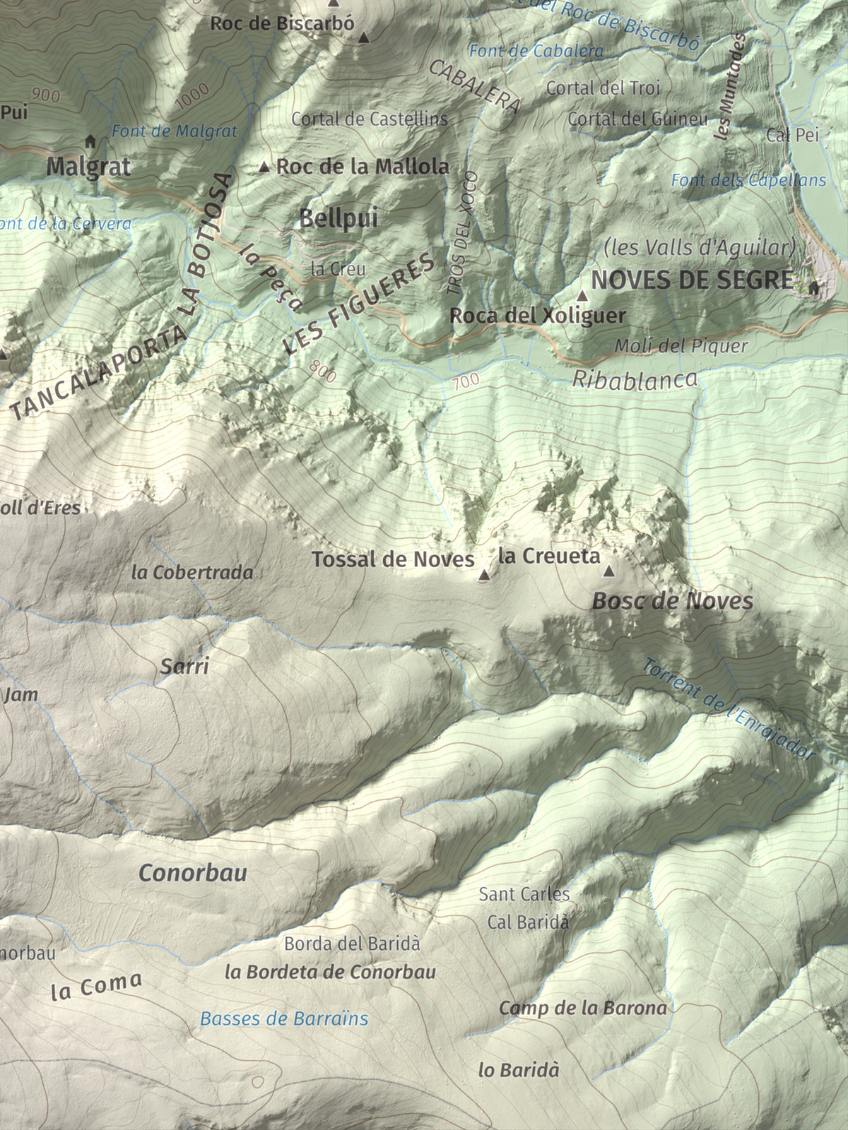 Mapa de relieve de Sant Quiri, 1503 m, Alt Urgell, lámina 100 Cims de Trobart. Detalle de la zona inferior derecha. 30 × 40 cm.