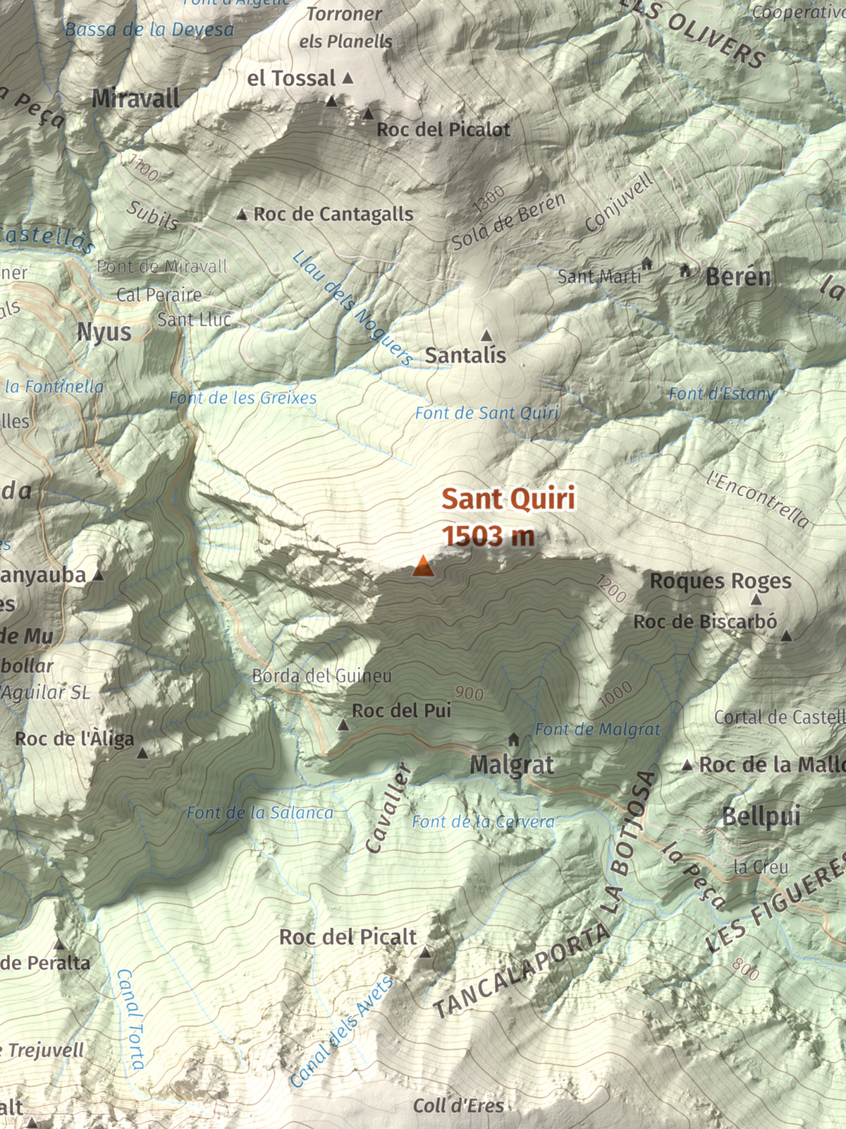 Mapa de relieve de Sant Quiri, 1503 m, Alt Urgell, lámina 100 Cims de Trobart. Detalle de la zona central. 30 × 40 cm.