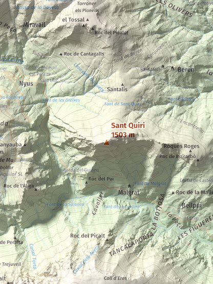 Mapa de relieve de Sant Quiri, 1503 m, Alt Urgell, lámina 100 Cims de Trobart. Detalle de la zona central. 30 × 40 cm.