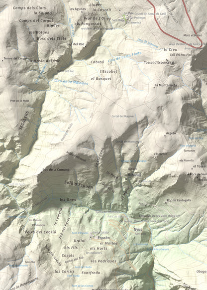 Mapa de relieve de Sant Quiri, 1503 m, Alt Urgell, lámina 100 Cims de Trobart. Detalle de la zona superior izquierda. 50 × 70 cm.