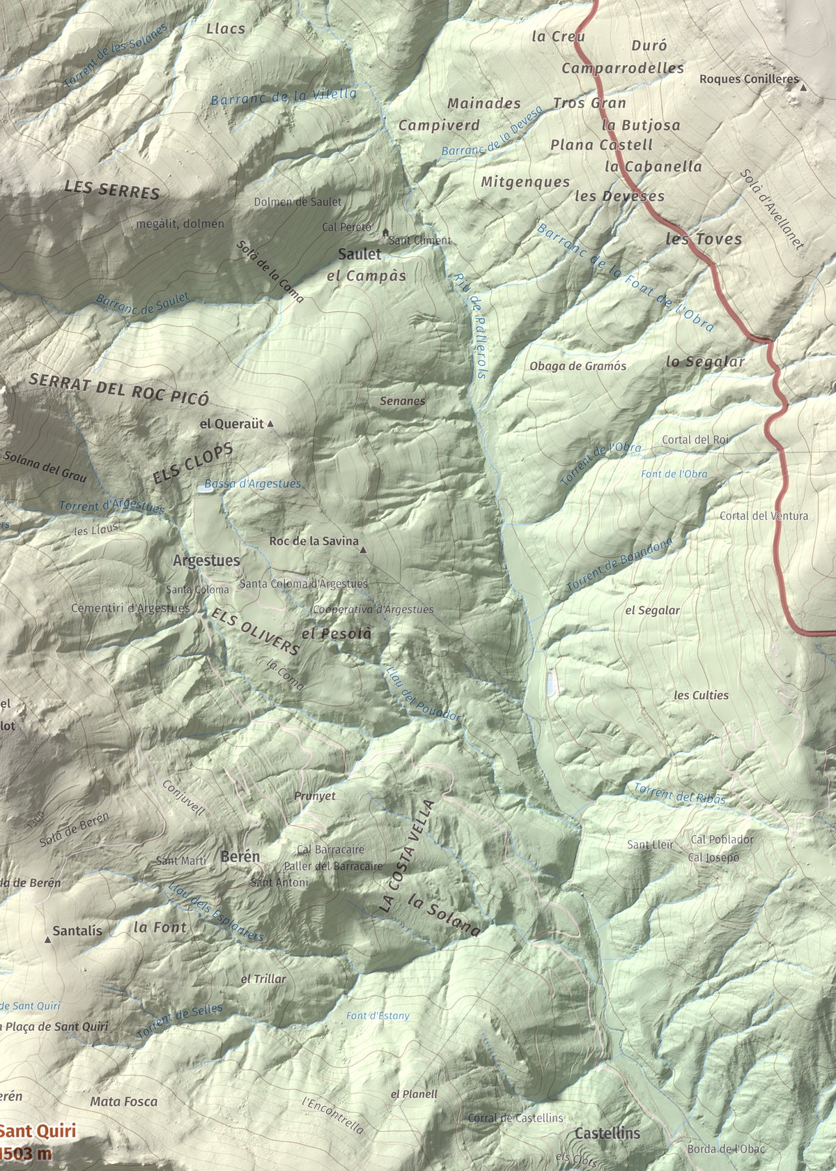 Mapa de relieve de Sant Quiri, 1503 m, Alt Urgell, lámina 100 Cims de Trobart. Detalle de la zona superior derecha. 50 × 70 cm.