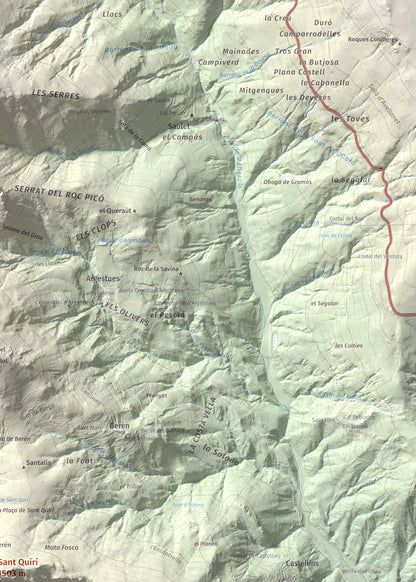 Mapa de relieve de Sant Quiri, 1503 m, Alt Urgell, lámina 100 Cims de Trobart. Detalle de la zona superior derecha. 50 × 70 cm.