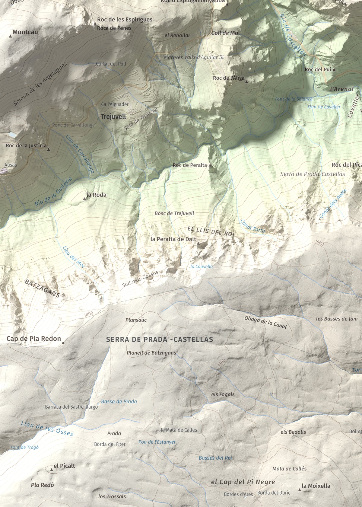 Mapa de relieve de Sant Quiri, 1503 m, Alt Urgell, lámina 100 Cims de Trobart. Detalle de la zona inferior izquierda. 50 × 70 cm.