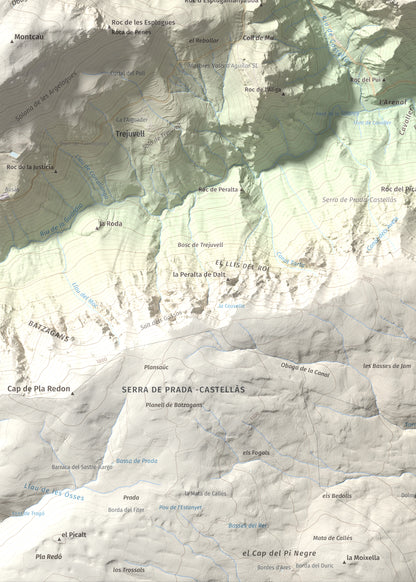 Mapa de relieve de Sant Quiri, 1503 m, Alt Urgell, lámina 100 Cims de Trobart. Detalle de la zona inferior izquierda. 50 × 70 cm.