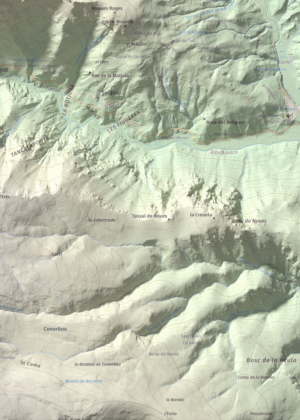 Mapa de relieve de Sant Quiri, 1503 m, Alt Urgell, lámina 100 Cims de Trobart. Detalle de la zona inferior derecha. 50 × 70 cm.