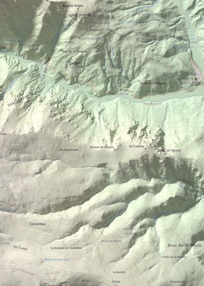 Mapa de relieve de Sant Quiri, 1503 m, Alt Urgell, lámina 100 Cims de Trobart. Detalle de la zona inferior derecha. 50 × 70 cm.