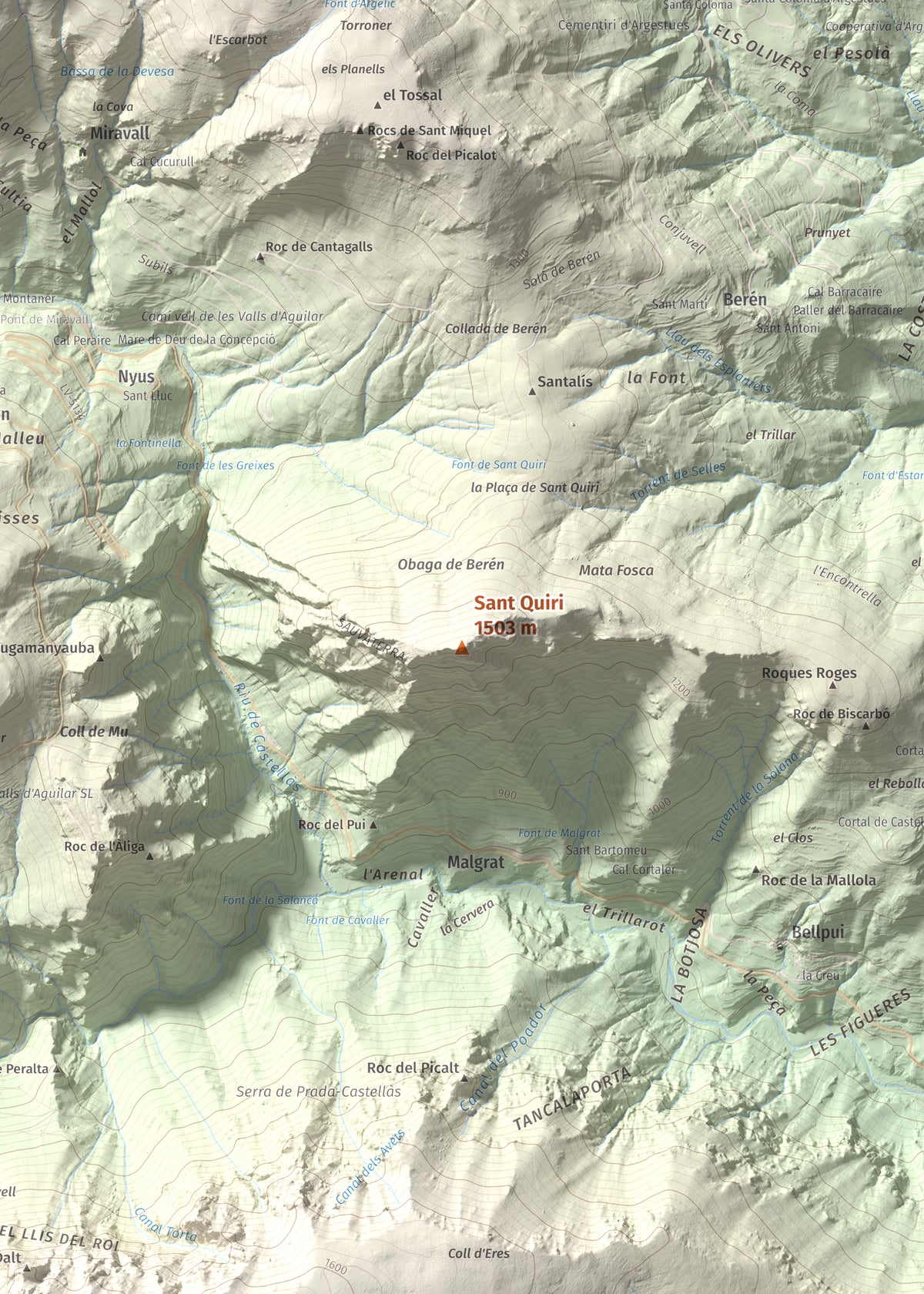Mapa de relieve de Sant Quiri, 1503 m, Alt Urgell, lámina 100 Cims de Trobart. Detalle de la zona central. 50 × 70 cm.