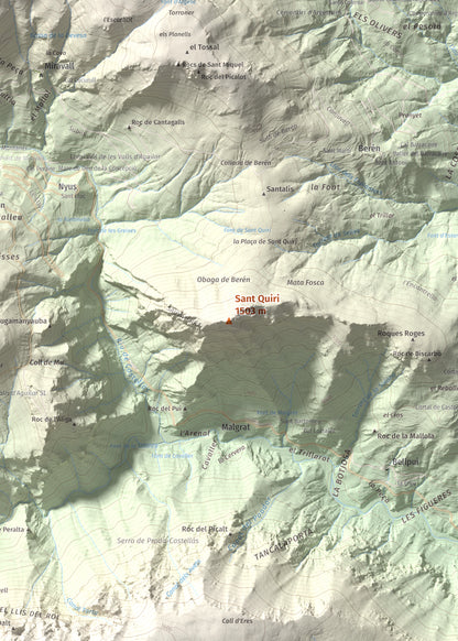 Mapa de relieve de Sant Quiri, 1503 m, Alt Urgell, lámina 100 Cims de Trobart. Detalle de la zona central. 50 × 70 cm.