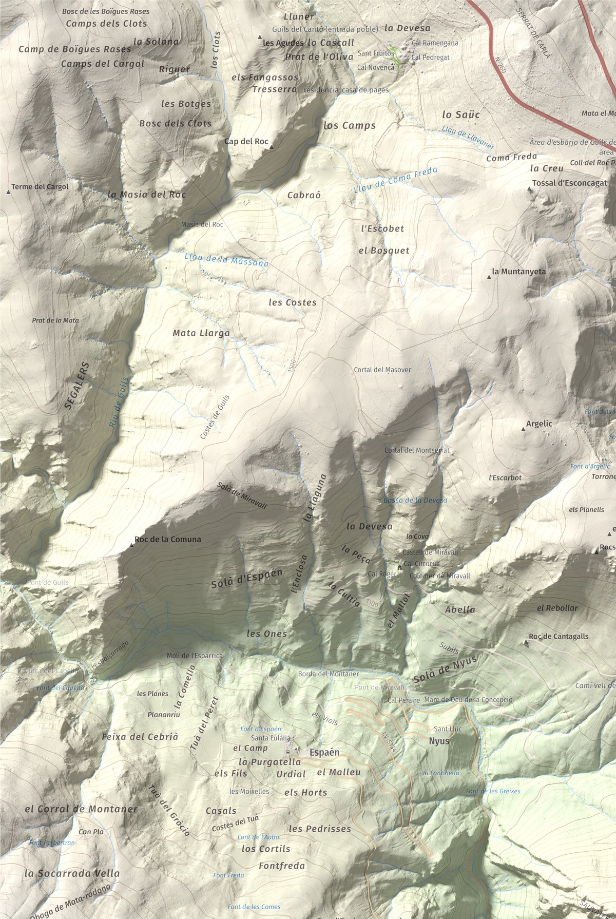Mapa de relieve de Sant Quiri, 1503 m, Alt Urgell, lámina 100 Cims de Trobart. Detalle de la zona superior izquierda. 61 × 91 cm.