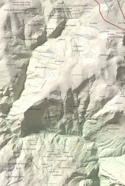 Mapa de relieve de Sant Quiri, 1503 m, Alt Urgell, lámina 100 Cims de Trobart. Detalle de la zona superior izquierda. 61 × 91 cm.
