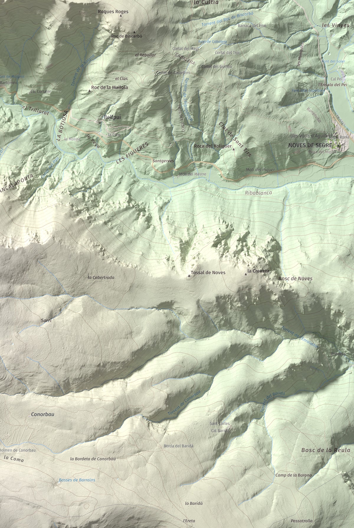 Mapa de relieve de Sant Quiri, 1503 m, Alt Urgell, lámina 100 Cims de Trobart. Detalle de la zona inferior derecha. 61 × 91 cm.