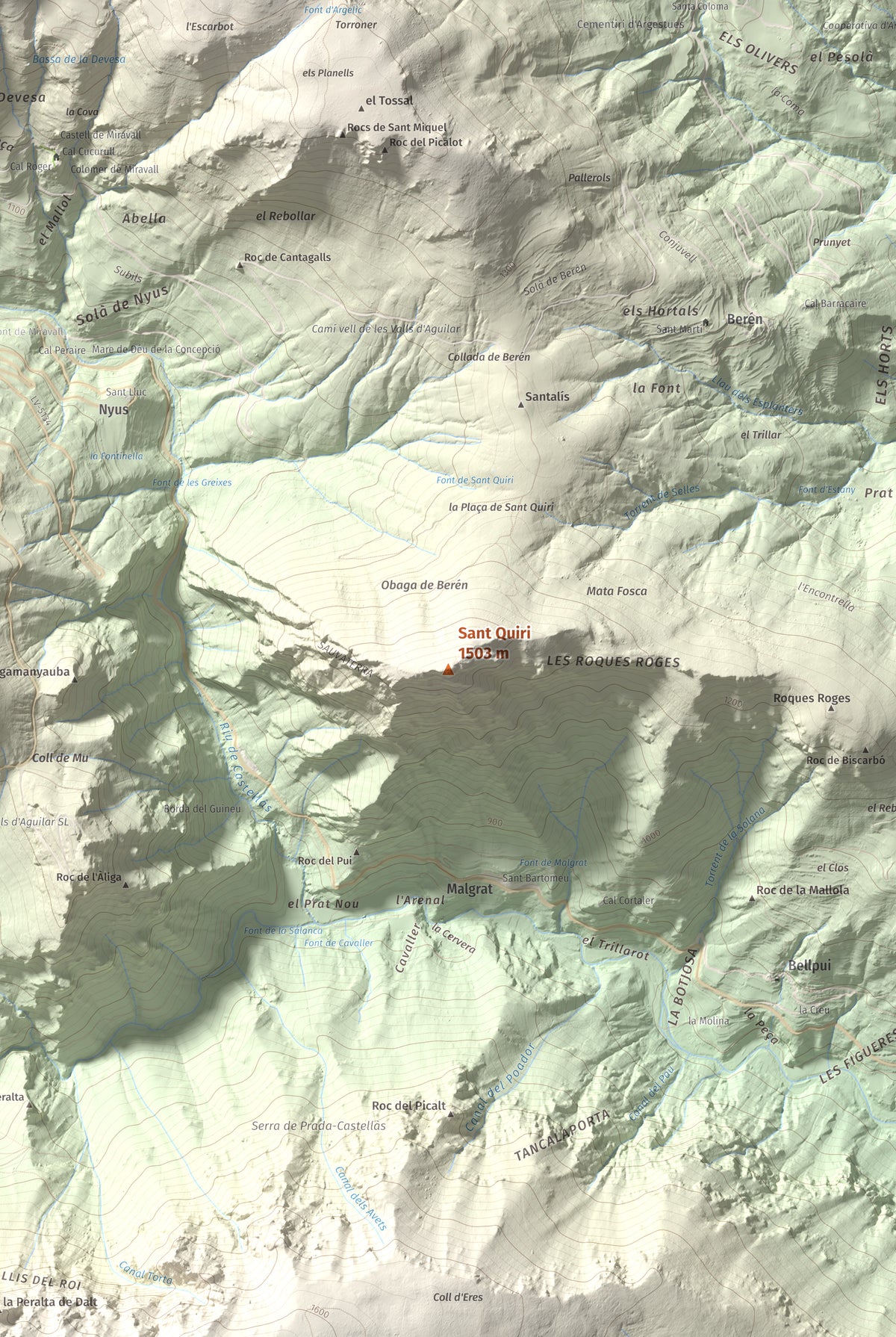 Mapa de relieve de Sant Quiri, 1503 m, Alt Urgell, lámina 100 Cims de Trobart. Detalle de la zona central. 61 × 91 cm.