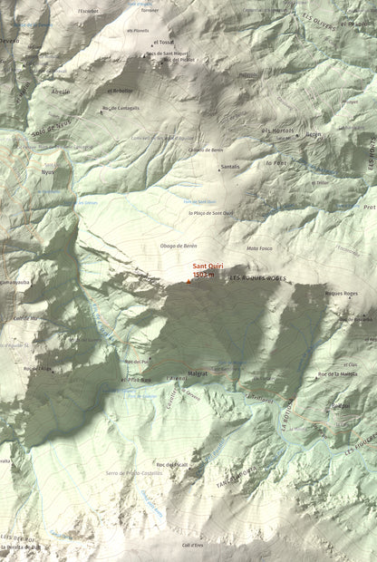 Mapa de relieve de Sant Quiri, 1503 m, Alt Urgell, lámina 100 Cims de Trobart. Detalle de la zona central. 61 × 91 cm.