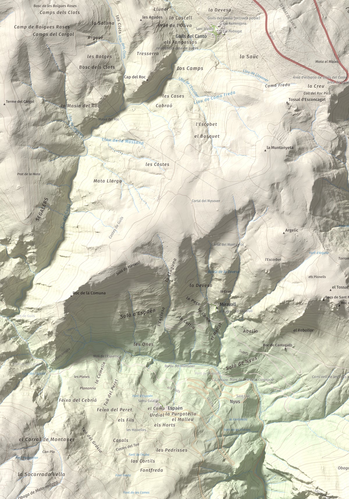 Mapa de relieve de Sant Quiri, 1503 m, Alt Urgell, lámina 100 Cims de Trobart. Detalle de la zona superior izquierda. 70 × 100 cm.