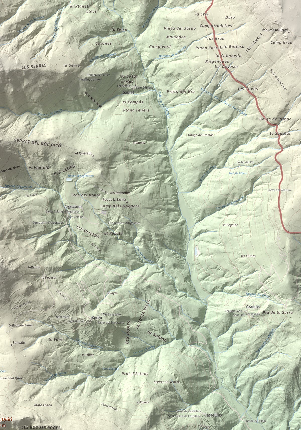 Mapa de relieve de Sant Quiri, 1503 m, Alt Urgell, lámina 100 Cims de Trobart. Detalle de la zona superior derecha. 70 × 100 cm.