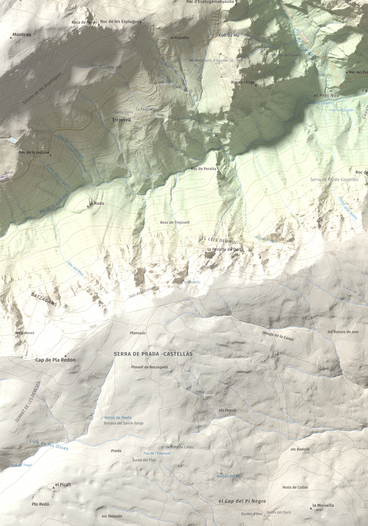 Mapa de relieve de Sant Quiri, 1503 m, Alt Urgell, lámina 100 Cims de Trobart. Detalle de la zona inferior izquierda. 70 × 100 cm.