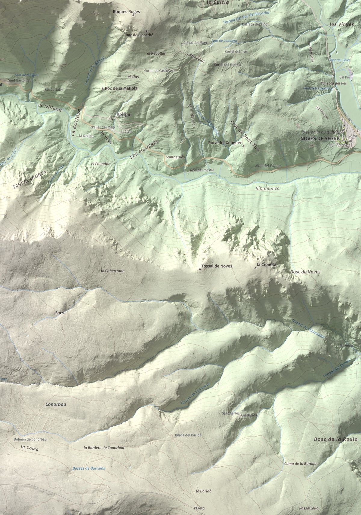 Mapa de relieve de Sant Quiri, 1503 m, Alt Urgell, lámina 100 Cims de Trobart. Detalle de la zona inferior derecha. 70 × 100 cm.