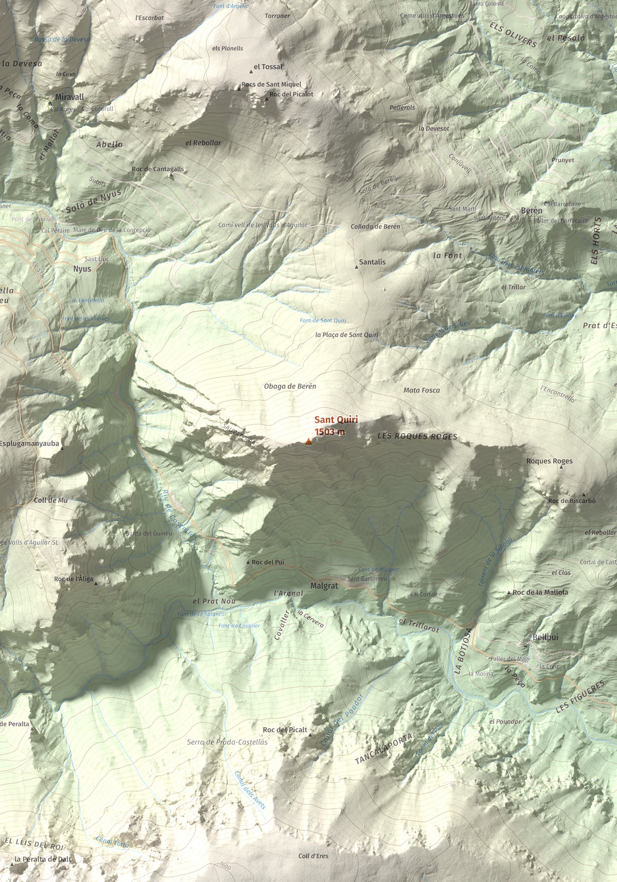 Mapa de relieve de Sant Quiri, 1503 m, Alt Urgell, lámina 100 Cims de Trobart. Detalle de la zona central. 70 × 100 cm.