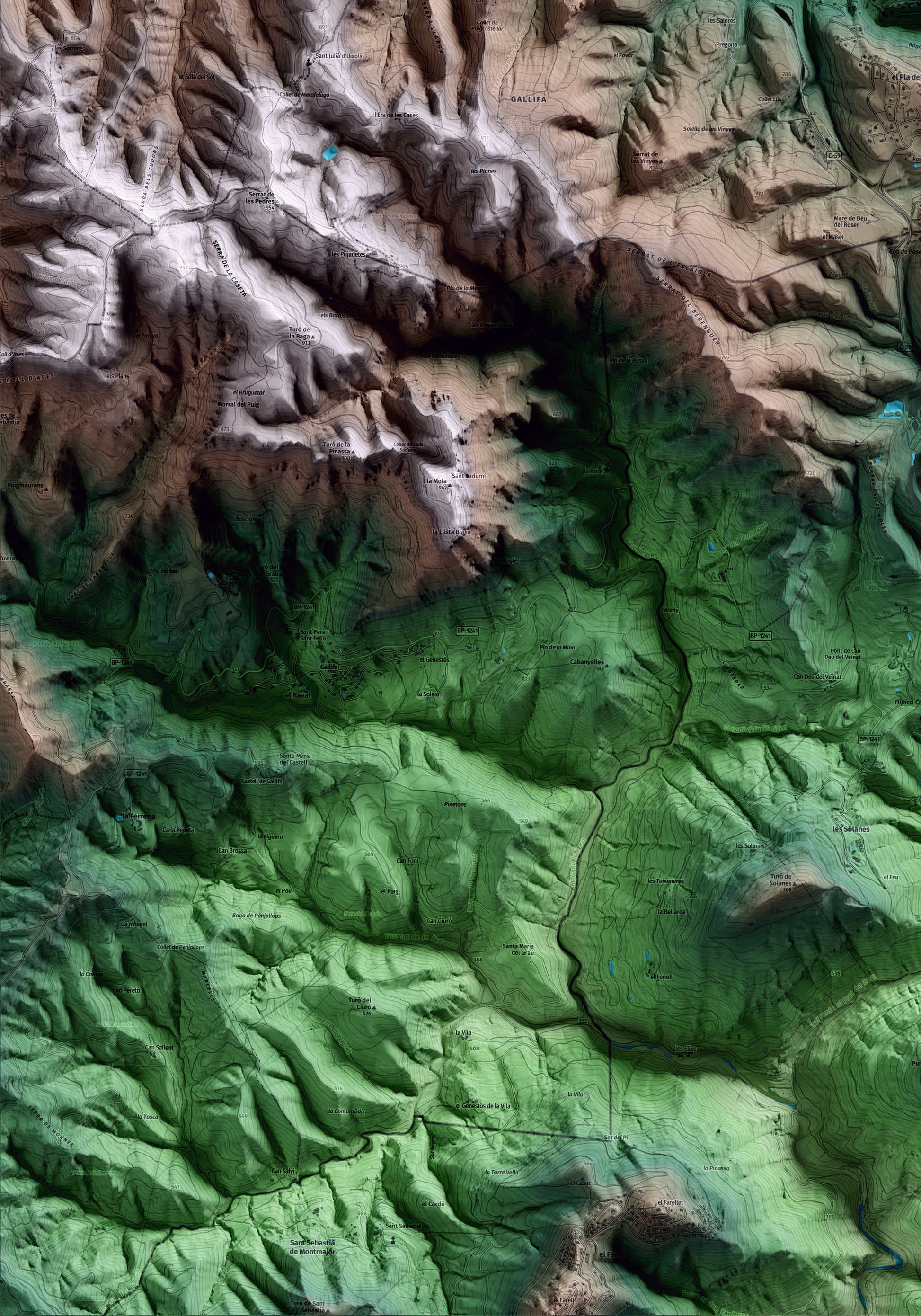 Mapa artístico del relieve de Sant Quirze Safaja, al Moianès, con 15 km de entorno y base topográfica ICGC. Detalle de la zona inferior izquierda.