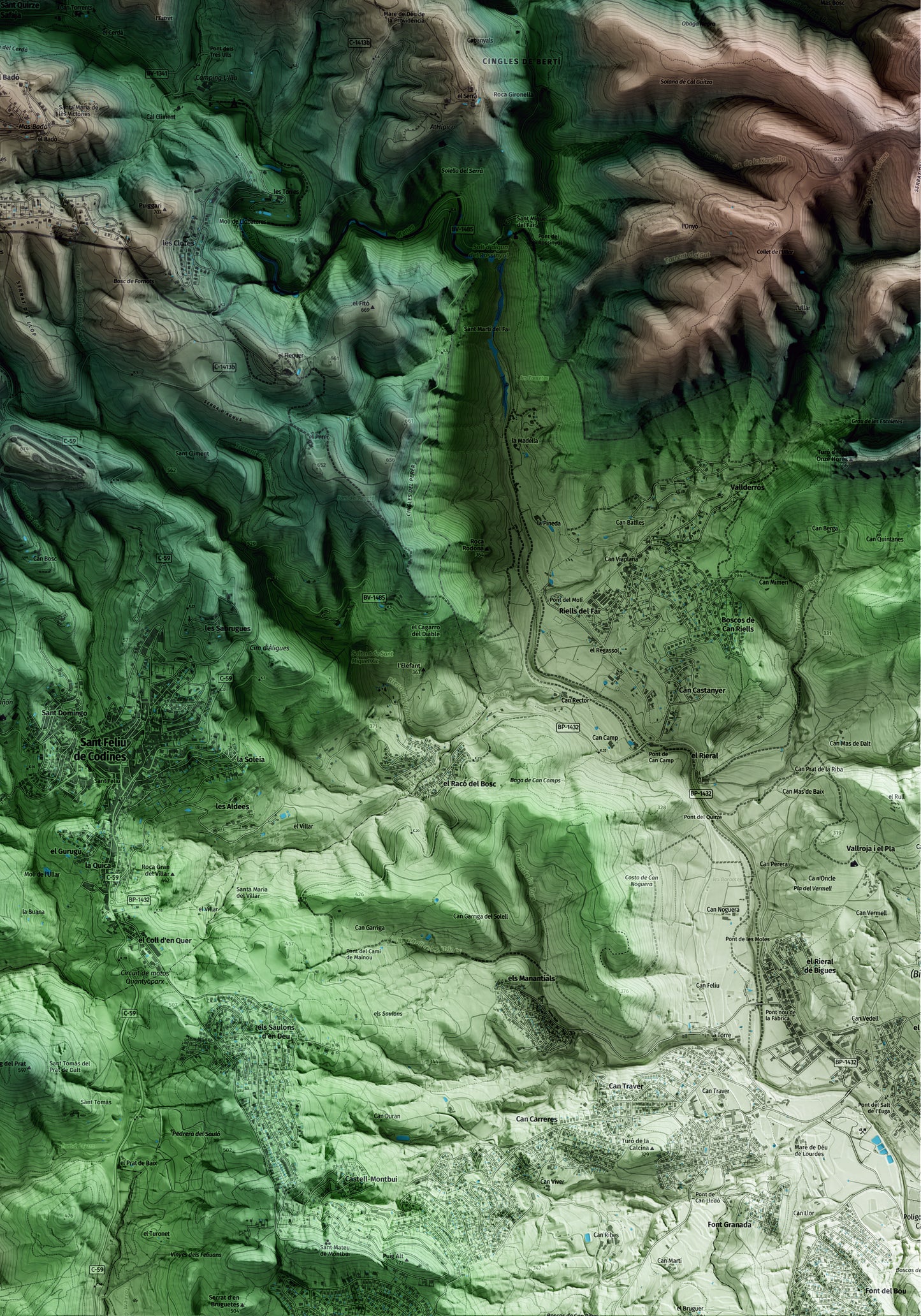 Mapa artístico del relieve de Sant Quirze Safaja, al Moianès, con 15 km de entorno y base topográfica ICGC. Detalle de la zona inferior derecha.