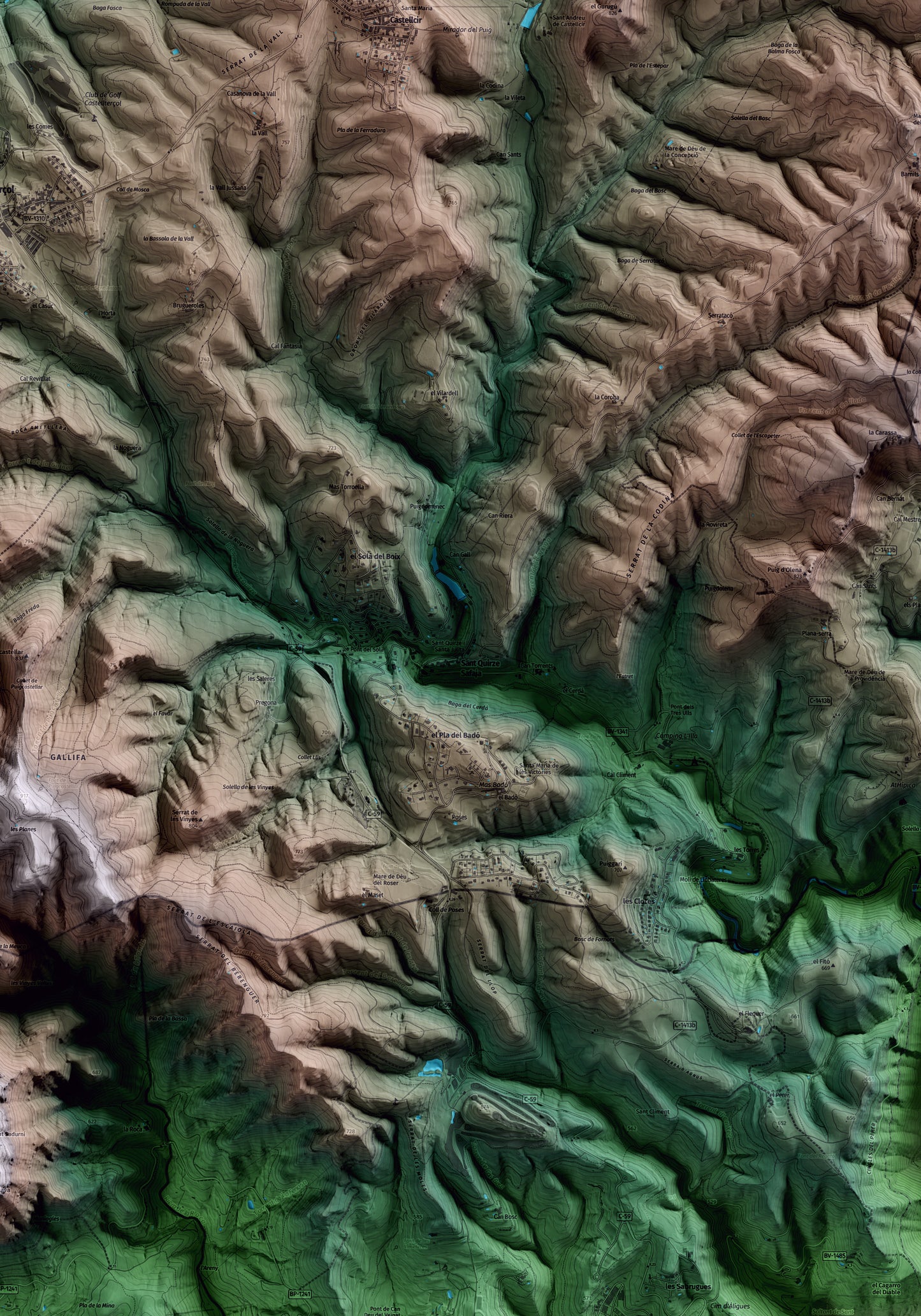 Mapa artístico del relieve de Sant Quirze Safaja, al Moianès, con 15 km de entorno y base topográfica ICGC. Detalle de la zona central.