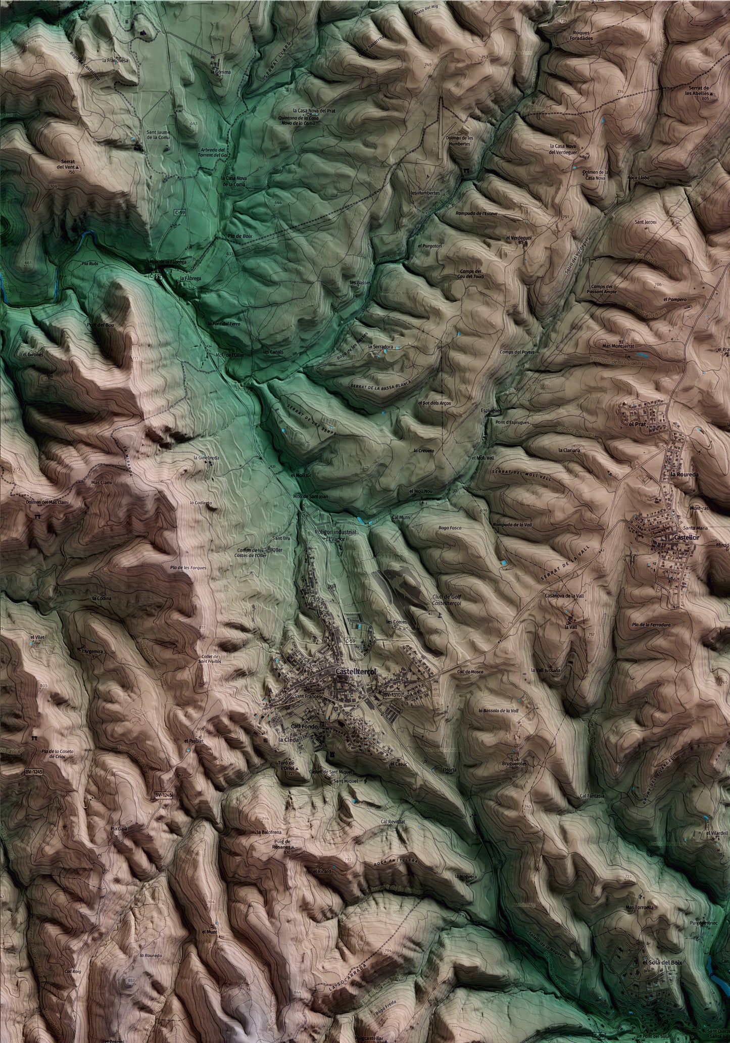 Mapa artístico del relieve de Sant Quirze Safaja, al Moianès, con 15 km de entorno y base topográfica ICGC. Detalle de la zona superior izquierda.