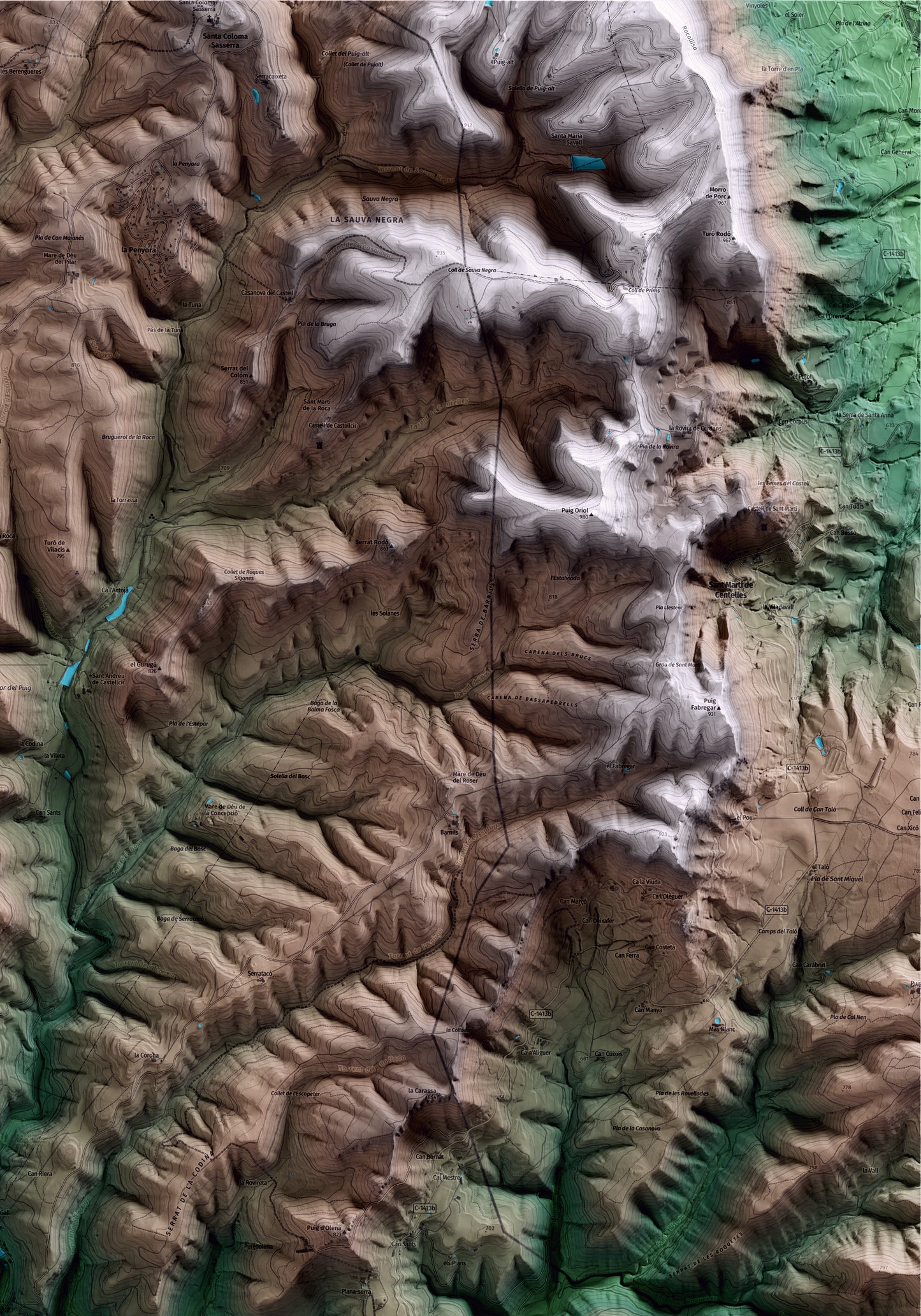 Mapa artístico del relieve de Sant Quirze Safaja, al Moianès, con 15 km de entorno y base topográfica ICGC. Detalle de la zona superior derecha.