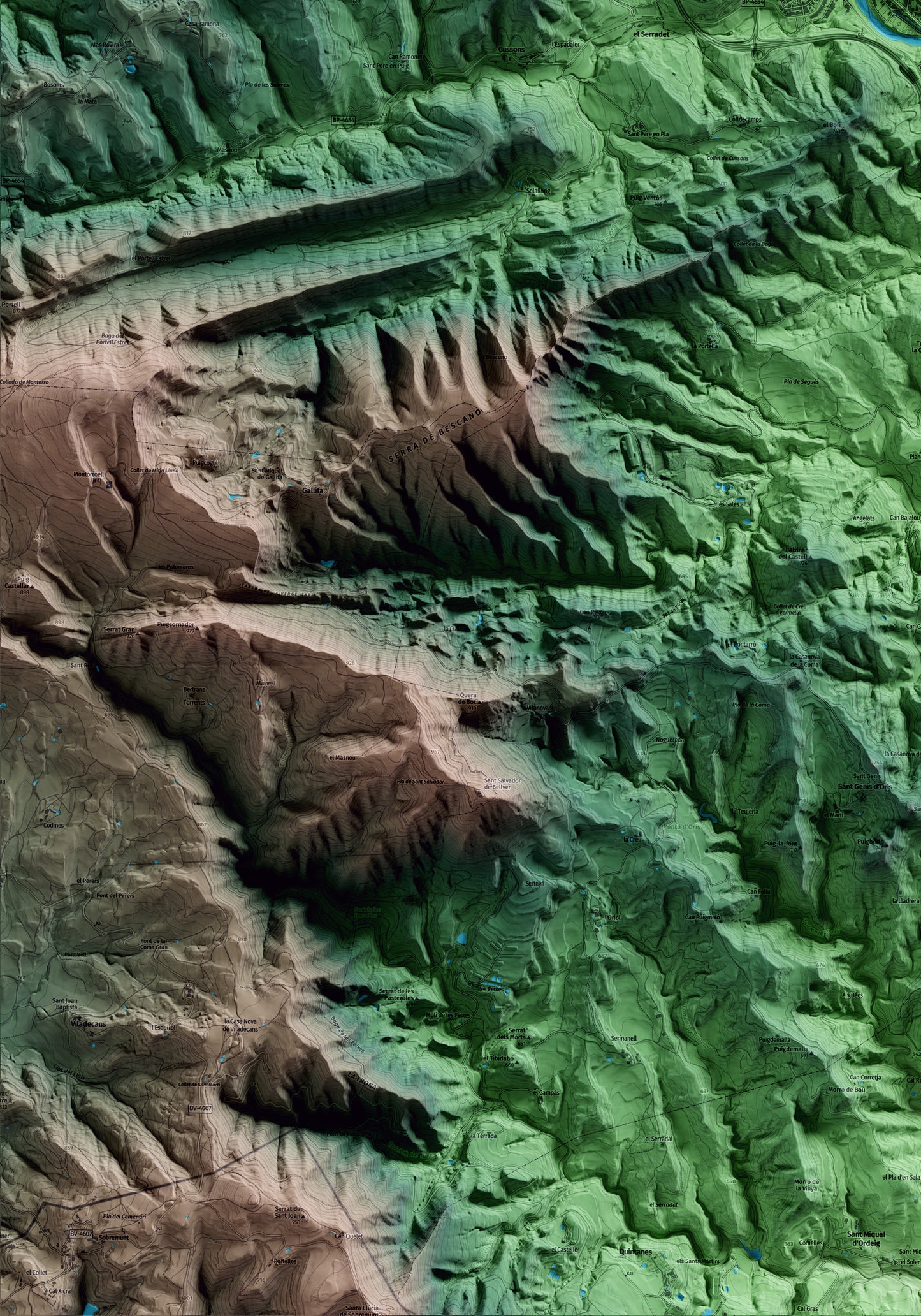Mapa artístico del relieve de Sant Quirze de Besora, a Osona, con 15 km de entorno y base topográfica ICGC. Detalle de la zona inferior izquierda.