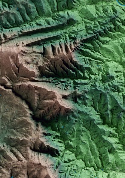 Mapa artístico del relieve de Sant Quirze de Besora, a Osona, con 15 km de entorno y base topográfica ICGC. Detalle de la zona inferior izquierda.