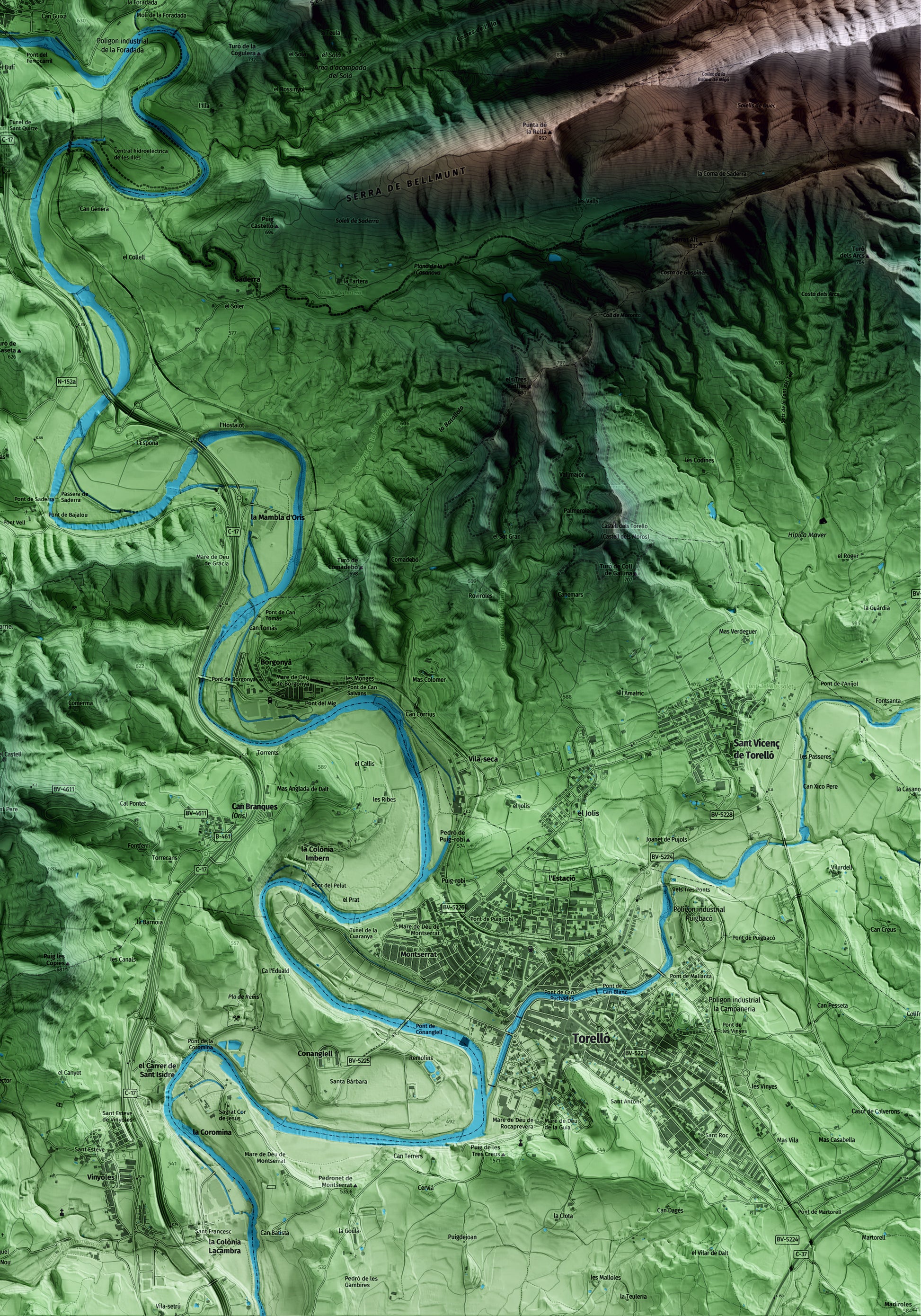Mapa artístico del relieve de Sant Quirze de Besora, a Osona, con 15 km de entorno y base topográfica ICGC. Detalle de la zona inferior derecha.