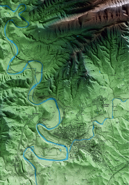 Mapa artístico del relieve de Sant Quirze de Besora, a Osona, con 15 km de entorno y base topográfica ICGC. Detalle de la zona inferior derecha.