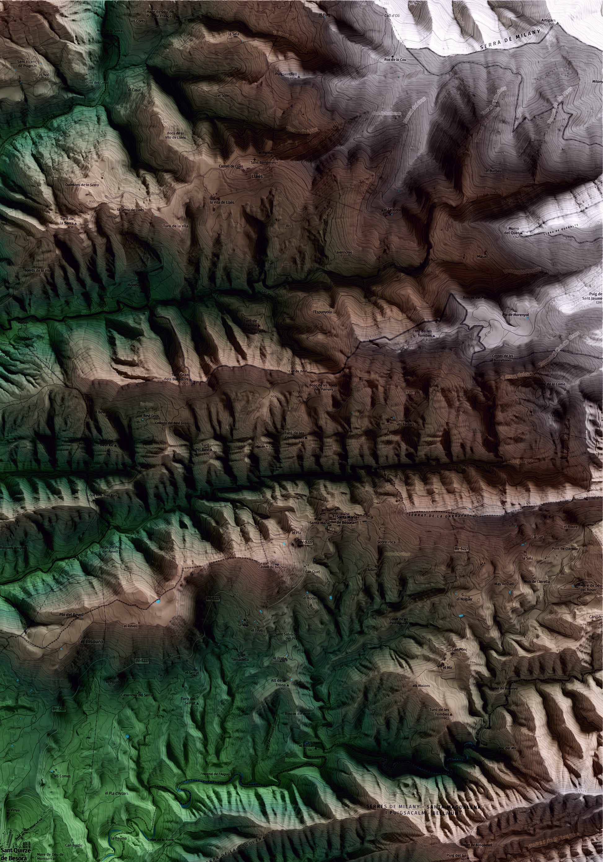 Mapa artístico del relieve de Sant Quirze de Besora, a Osona, con 15 km de entorno y base topográfica ICGC. Detalle de la zona superior derecha.
