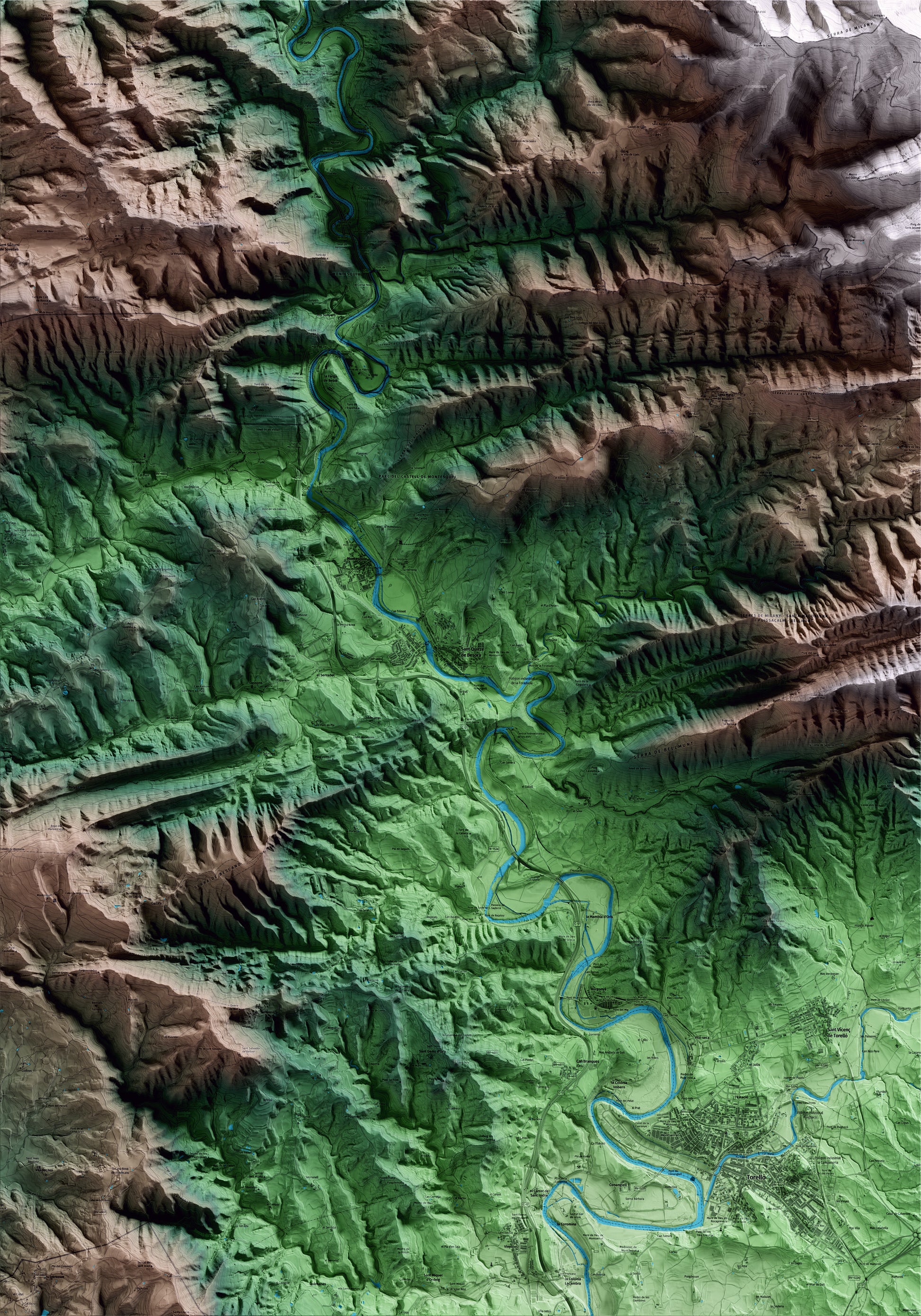 Mapa artístico del relieve de Sant Quirze de Besora, a Osona, con 15 km de entorno y base topográfica ICGC