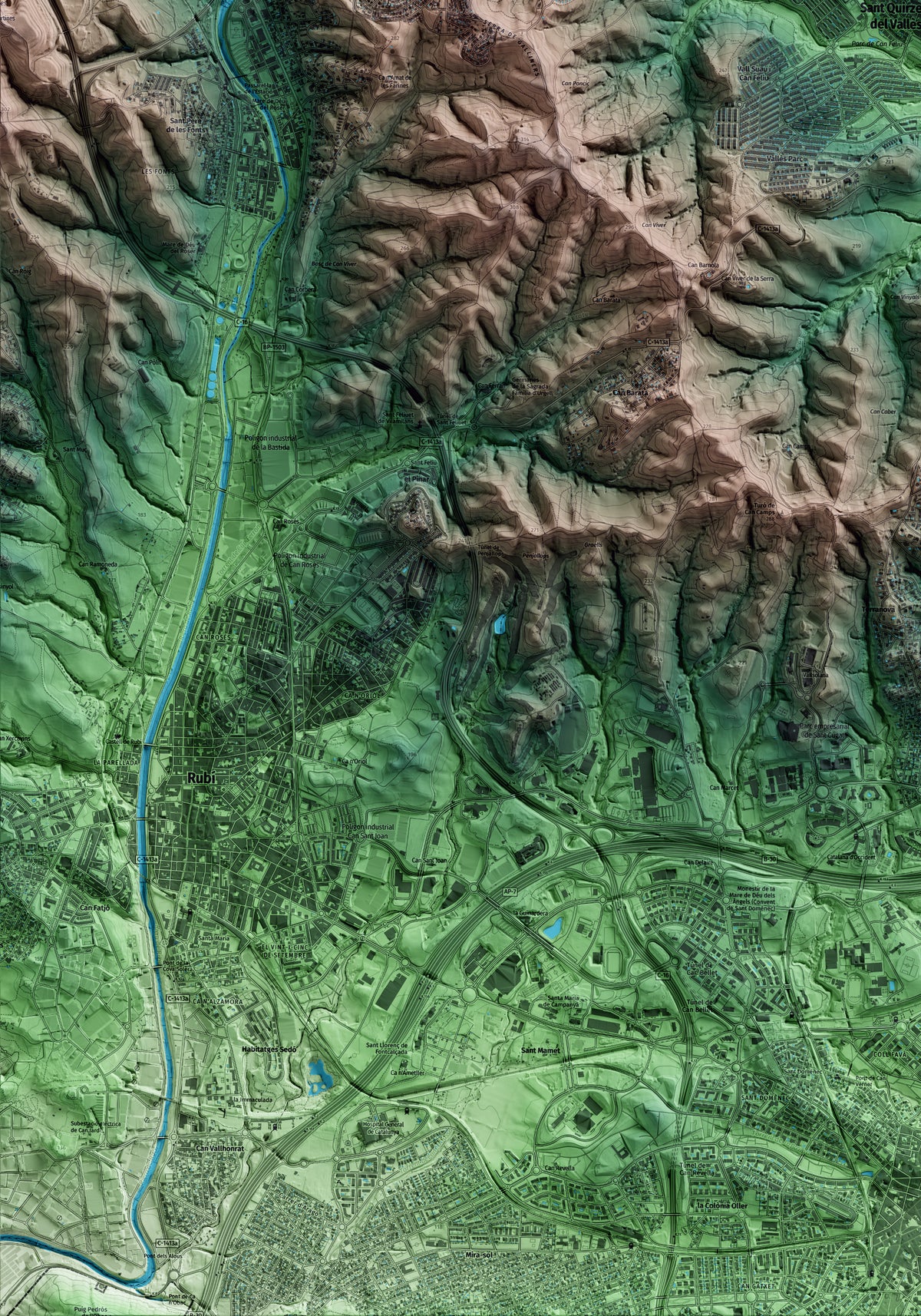 Mapa artístico del relieve de Sant Quirze del Vallès, al Vallès Occidental, con 15 km de entorno y base topográfica ICGC. Detalle de la zona inferior izquierda.