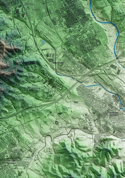 Mapa artístico del relieve de Sant Quirze del Vallès, al Vallès Occidental, con 15 km de entorno y base topográfica ICGC. Detalle de la zona inferior derecha.