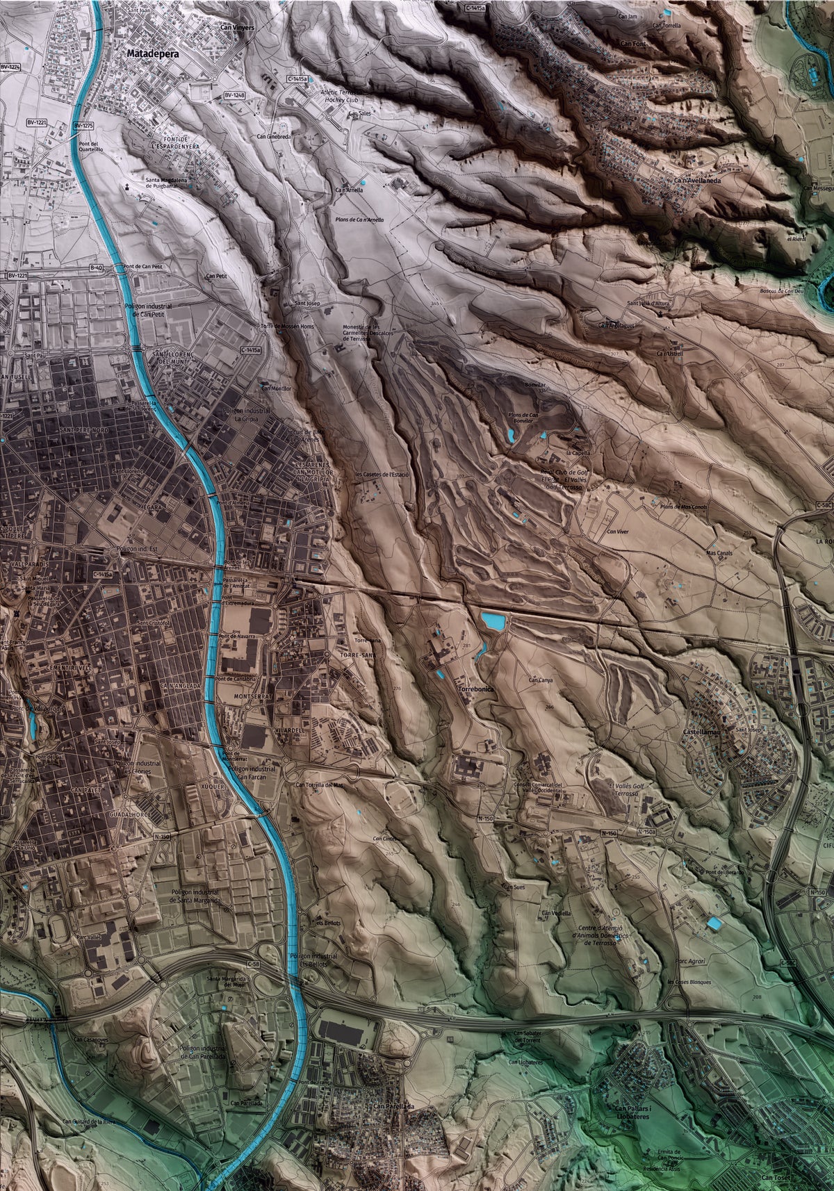Mapa artístico del relieve de Sant Quirze del Vallès, al Vallès Occidental, con 15 km de entorno y base topográfica ICGC. Detalle de la zona superior izquierda.