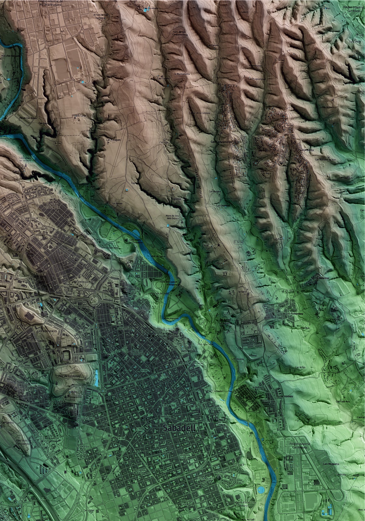 Mapa artístico del relieve de Sant Quirze del Vallès, al Vallès Occidental, con 15 km de entorno y base topográfica ICGC. Detalle de la zona superior derecha.