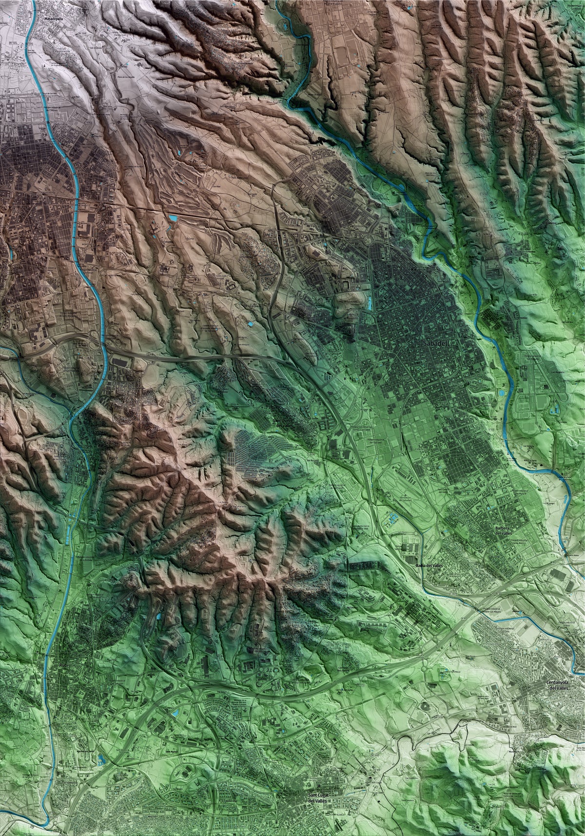 Mapa artístico del relieve de Sant Quirze del Vallès, al Vallès Occidental, con 15 km de entorno y base topográfica ICGC