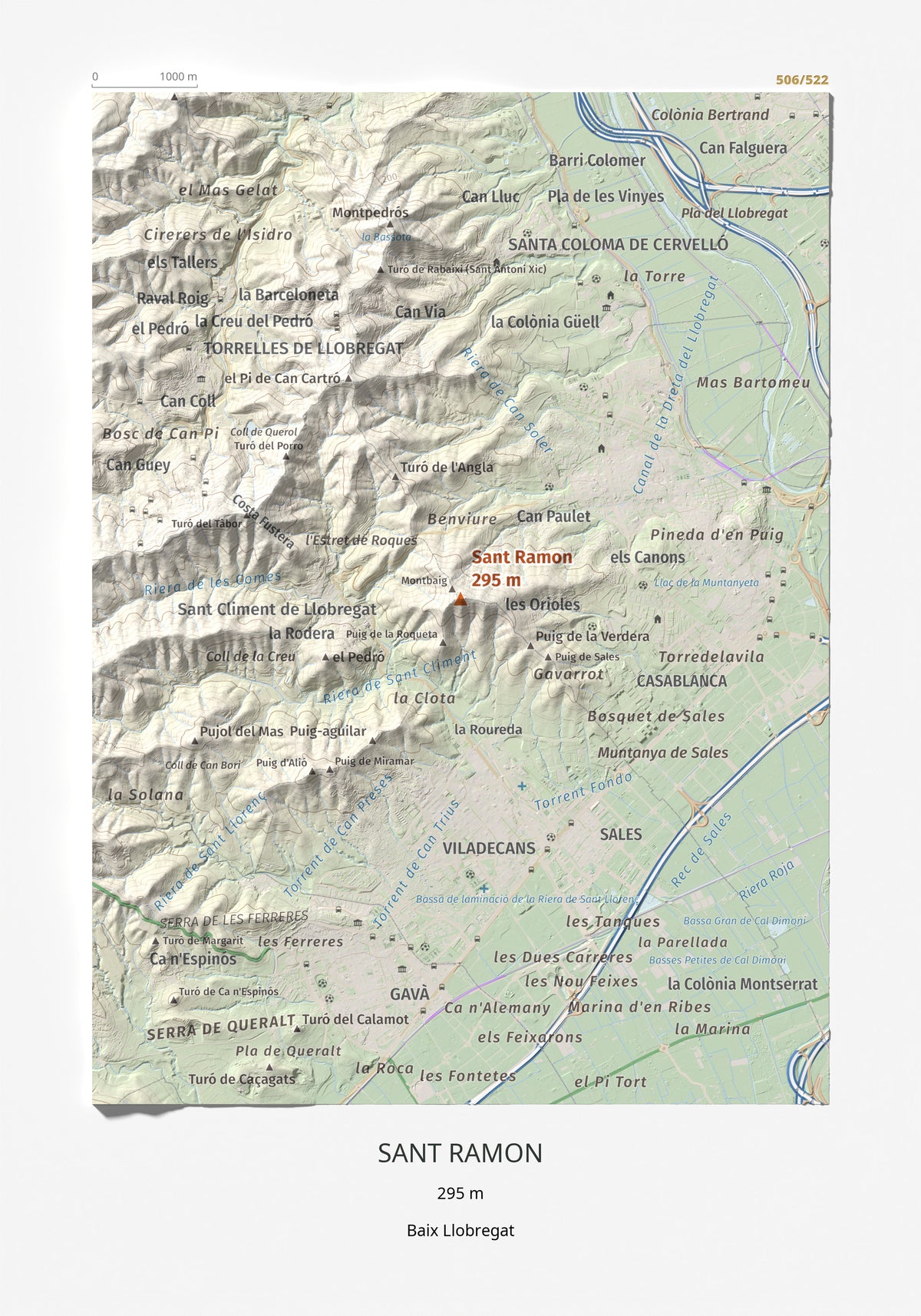 Mapa topográfico del relieve: Sant Ramon, 295 m. Lámina completa. 21 × 30 cm.