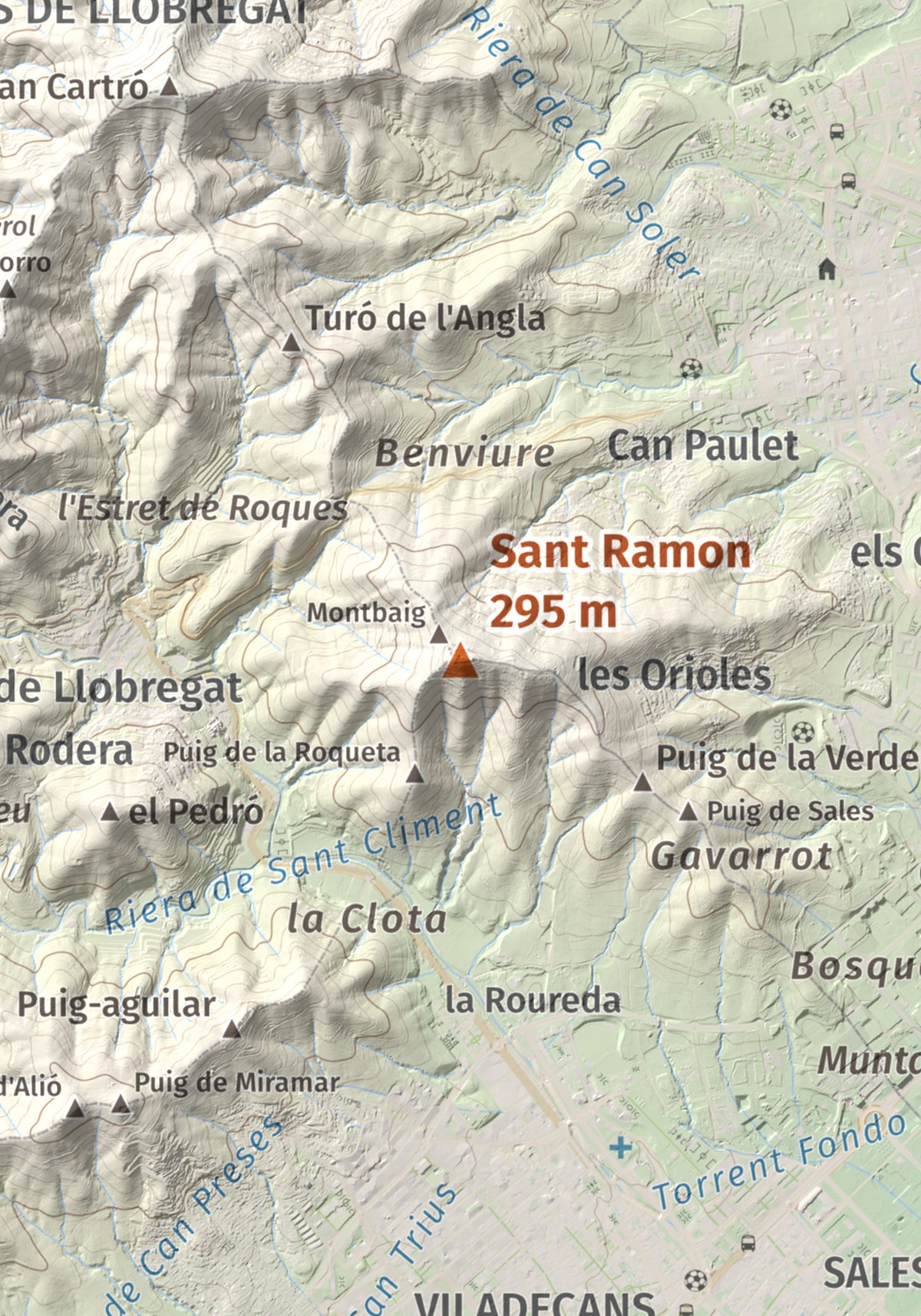 Mapa topográfico del relieve: Sant Ramon, 295 m. Detalle de la zona central. 21 × 30 cm.