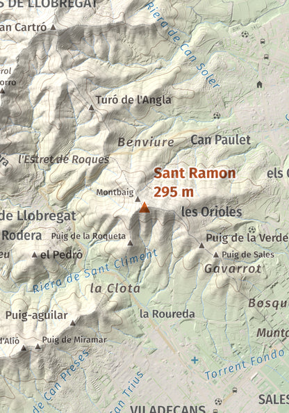 Mapa topográfico del relieve: Sant Ramon, 295 m. Detalle de la zona central. 21 × 30 cm.