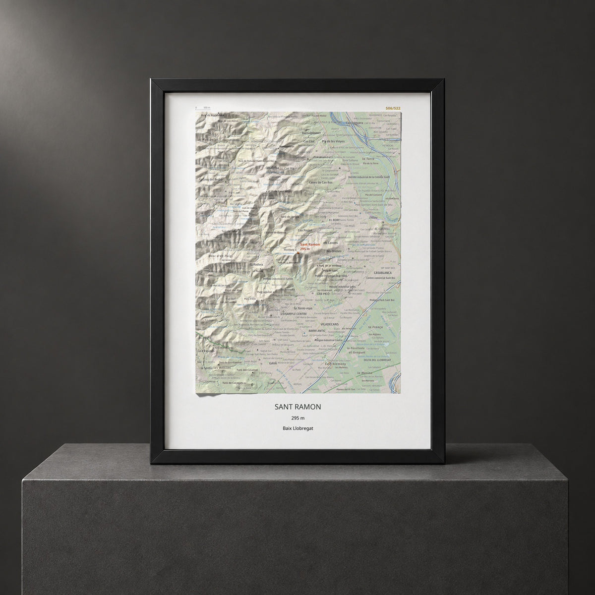 Mapa topográfico del relieve: Sant Ramon, 295 m. Presentación enmarcada. 30 × 40 cm.