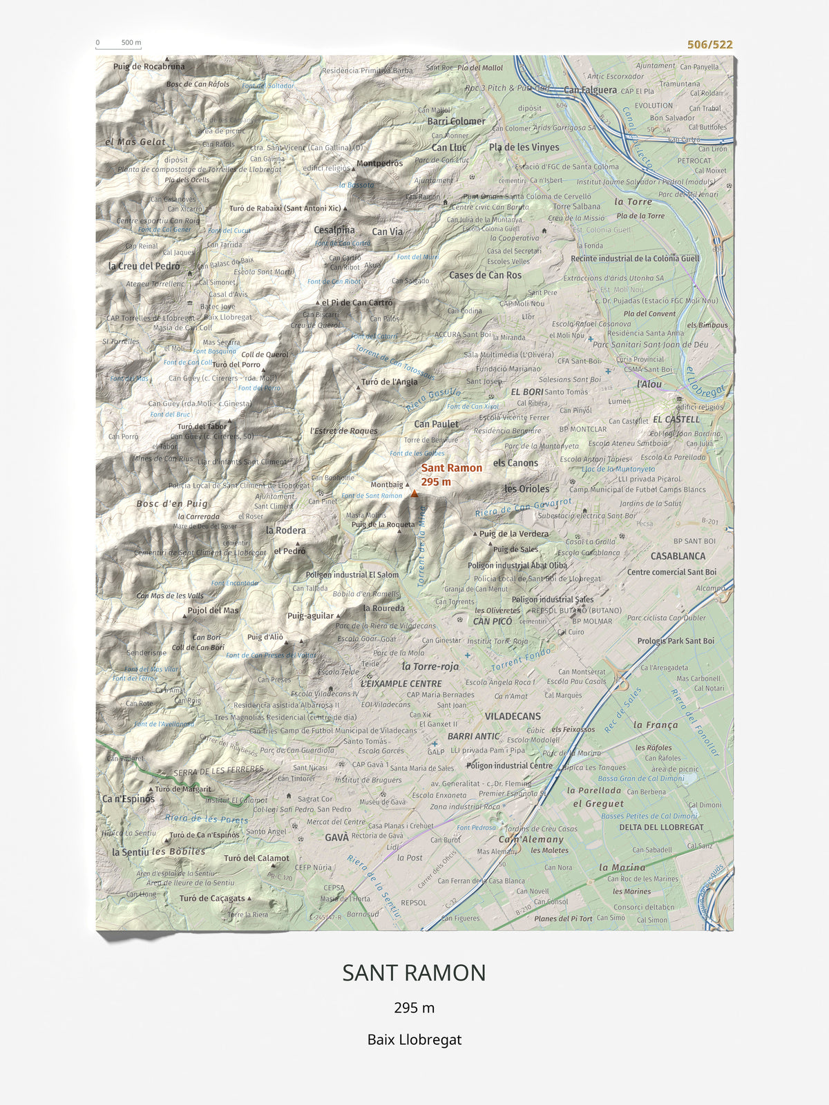 Mapa topográfico del relieve: Sant Ramon, 295 m. Lámina completa. 30 × 40 cm.